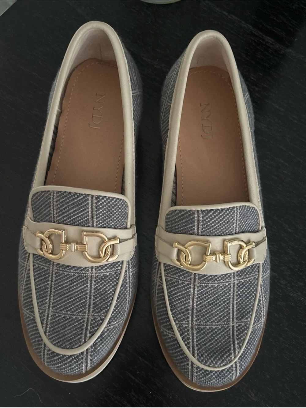 NYDJ Plaid Wedge Loafers in Gray and Cream with Gold Accent New Size 6 1/2 M